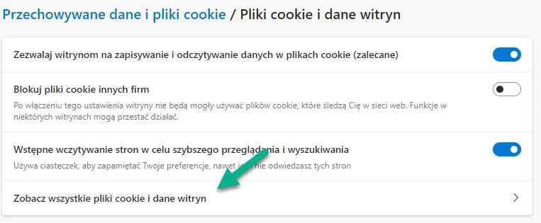 edge przechowywane dane wszystkie ciasteczka