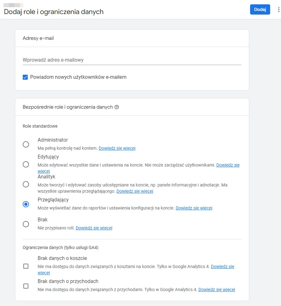 dodawanie roli Google Analytics