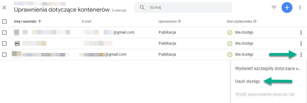 Tag Menedżer zarządzanie użytkownikami odbieranie dostępu