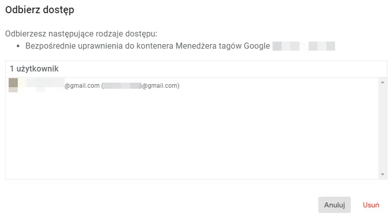 Menedżer Tagów Google usuń dostęp